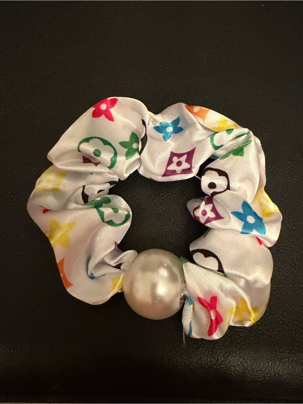 Rainbow Monogram Satin Scrunchie with Pearl Accent